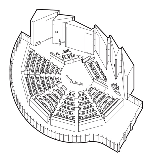 Picture. The layout of the plenary hall of the Dutch House of Representatives.